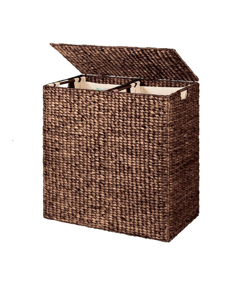 Slickblue 2-Bin Handwoven Hyacinth Laundry Hamper with Linen Liners for Stylish and Organized Laundry Storage