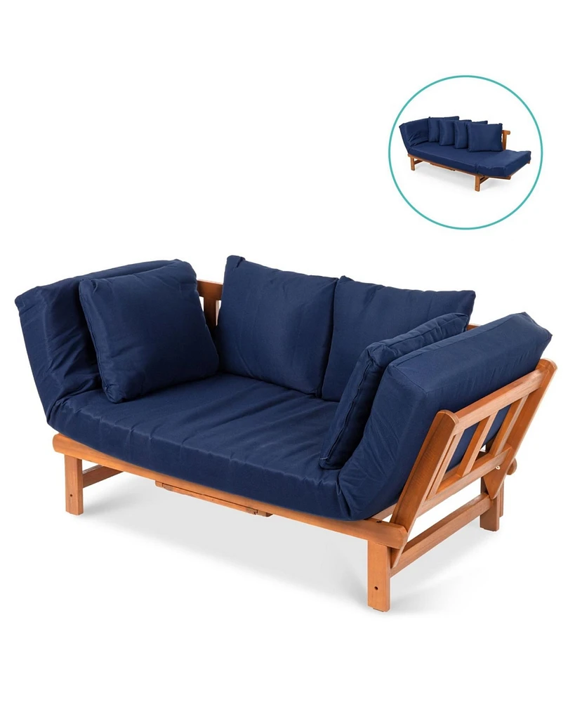 Slickblue Outdoor Acacia Wood Convertible Sofa Futon with 4 Removable Pillows for Patio Relaxation