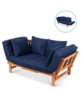 Slickblue Outdoor Acacia Wood Convertible Sofa Futon with 4 Removable Pillows for Patio Relaxation