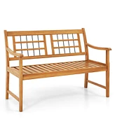 Gouun Patio Acacia Wood Bench with Curved Armrests Slatted Seat and Backrest