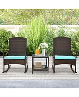 Gymax 3 Pieces Rocking Wicker Bistro Set Outdoor Front Porch Rocker Chairs Conversation Turquoise