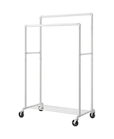 Slickblue Heavy Duty White Pipe Double-Rod Garment Clothes Rack with Locking Wheels