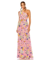 Mac Duggal Women's One Shoulder Floral Sequin Lace Up Gown