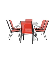 Emma+Oliver Seven Piece Patio Table Set With Metal Table With Tempered Glass Top And 6 Flex Comfort Stacking Chairs