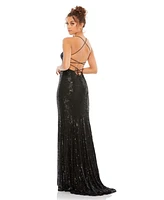 Mac Duggal Women's Stretch Sequin Lace Up Back Evening Gown