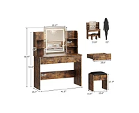 gaomon Vanity Desk with Mirror and Lights, Makeup Vanity Set w/Desk and Stool, Power Outlet, Vanity Table w/6 Storage Shelves