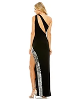 Mac Duggal Women's One Shoulder Cut Out Mirror Sequin High Slit Gown