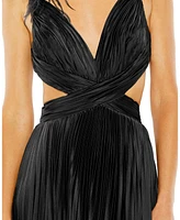 Mac Duggal Women's Pleated Feather Cap Sleeve Open Back Gown