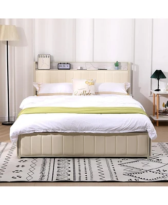 gaomon Queen Size Bed Frame with Storage Headboard, Bed Frame with Faux Leather Headboard & Footboard, Strong Wood Slats, No Box Spring Required