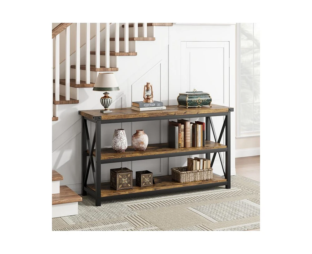 gaomon 3 Tier Console Table, 47.2" Narrow Entryway Table with Storage, Wood Sofa Table with Metal Frame