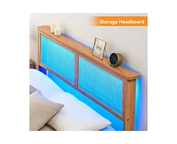 gaomon Queen Size Bed Frame with Rattan Headboard, Platform Bed Frame with Led Lights and Wood Headboard, Strong Wooden Slat, Mattress Foundation
