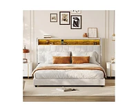 gaomon Full Velvet Upholstered Bed Frame with Storage Headboard and Built-in Charging Station, Smart Led Lights and Nailhead Trim Wingback, Wood Slats