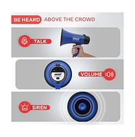 Pyle 20-Watt Mini Megaphone Speaker with Siren, Adjustable Volume, Portable, Battery Operated, Blue Bullhorn