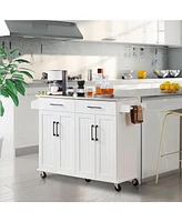 Slickblue White Kitchen Cart Island with Stainless Steel Top 2 Drawers and Cabinet