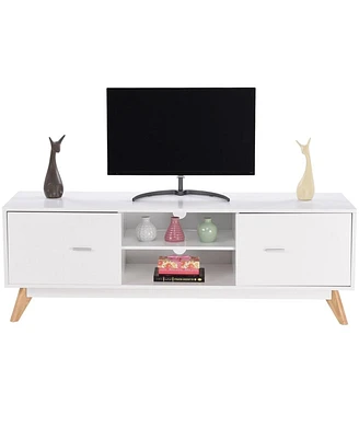 Slickblue Modern Mid-Century Style White Tv Stand with Wood Legs for Stylish Tv Storage