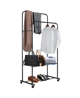 Unho Double Rail Clothes Stand: Garment Rack on Wheels with Storage Shelves