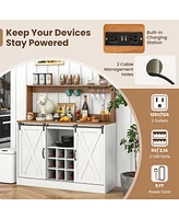 Gouun Farmhouse Coffee Bar Cabinet with Charging Station and Sliding Barn Doors