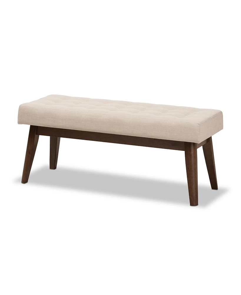 Baxton Studio Elia Mid-Century Modern Walnut Wood Light Beige Fabric Button-Tufted Bench