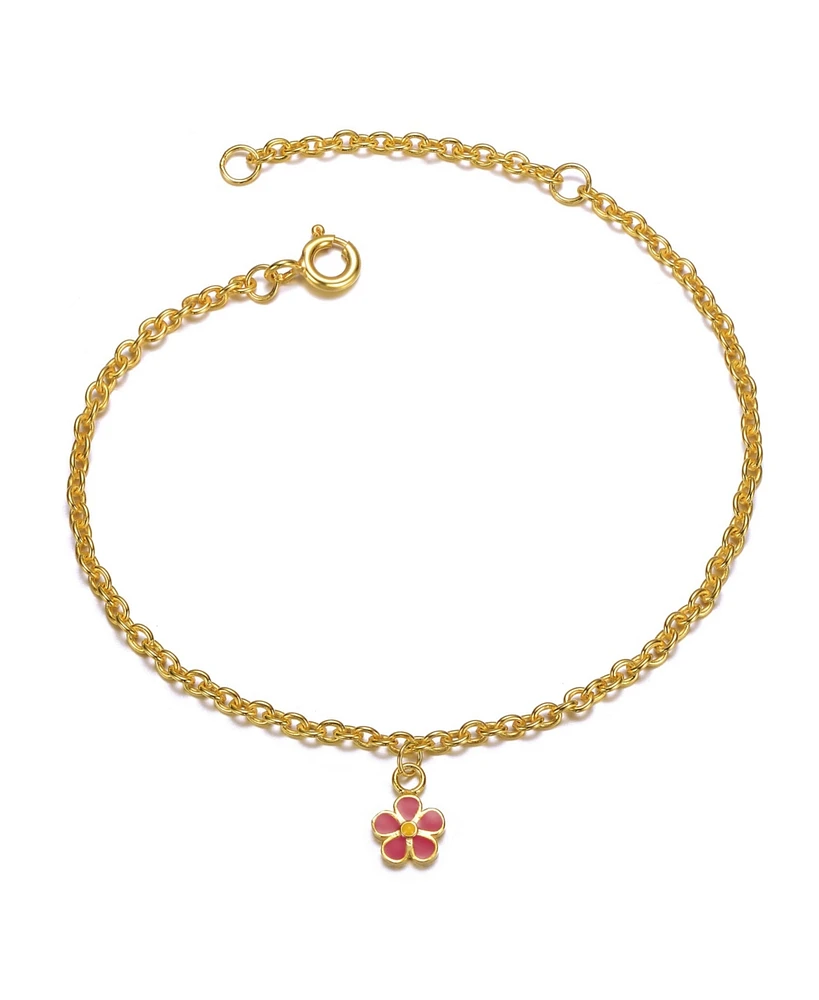 GiGiGirl 14k Gold Plated Fuchsia-Red Daisy Flower Drop Charm Bracelet