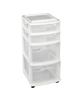 Homz Clear Plastic 4 Drawer Medium Home Storage Container Tower, White Frame