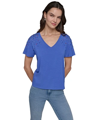 Karl Lagerfeld Paris Women's Embellished V-Neck T-Shirt