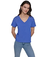 Karl Lagerfeld Paris Women's Embellished V-Neck T-Shirt