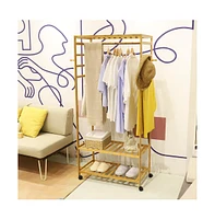 Unho Bamboo Wooden Rolling Clothes Rail: Garment Hanging Stand with Storage Shelves