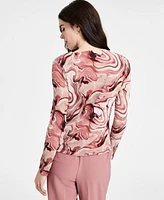 Bar Iii Women's Draped-Neck Swirl-Print Mesh Top, Exclusively at Macy's