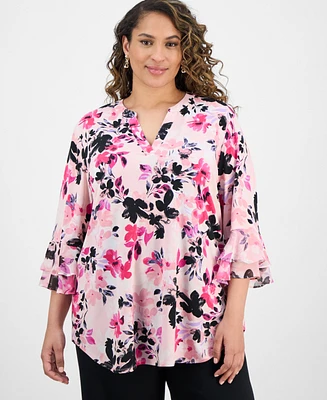 Kasper Plus Printed 3/4-Sleeve Ruffle Blouse