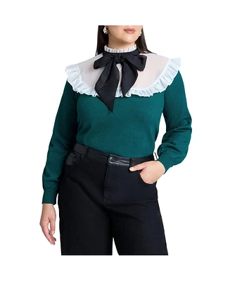 Eloquii Plus Size Sheer Yoke Sweater With Tie Neck