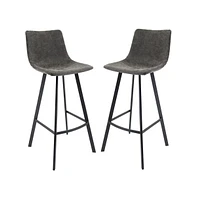 LeisureMod Elland Modern Upholstered Leather Bar Stool With Iron Legs & Footrest Set of 2