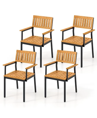 Gymax Dining Chair Set of 4 w/Acacia Wood Backrest Slanted Seat Comfortable Armrests