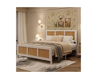 gaomon King Size Rattan Bed Frame with Headboard, White Boho Cane Platform Bed Frame with Strong Metal Slat, Noise Free