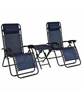 Gymax 3PCS Zero Gravity Recliner Lounge Chairs Pillows Table Portable Folding Navy