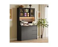 gaomon Kitchen Pantry Cabinet with Charging Station, Tall Storage Cabinet with Countertop and Led Lights