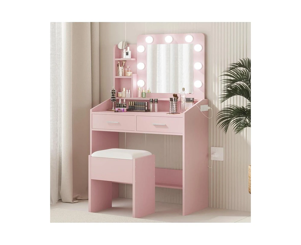 gaomon Vanity Desk with Mirror and Lights, Makeup Vanity with Power Outlet & Cushioned Stool, 3 Lighting Modes Adjustable Brightness