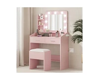 gaomon Vanity Desk with Mirror and Lights, Makeup Vanity with Power Outlet & Cushioned Stool, 3 Lighting Modes Adjustable Brightness