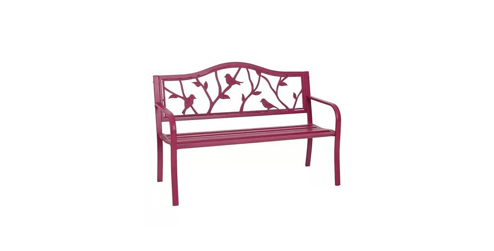 Slickblue Steel Frame Outdoor Patio Garden Bench with Bird Branch Pattern Backrest