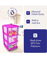 Homz Plastic 3 Drawer Medium Storage Container Tower, Clear Drawers/Purple Frame