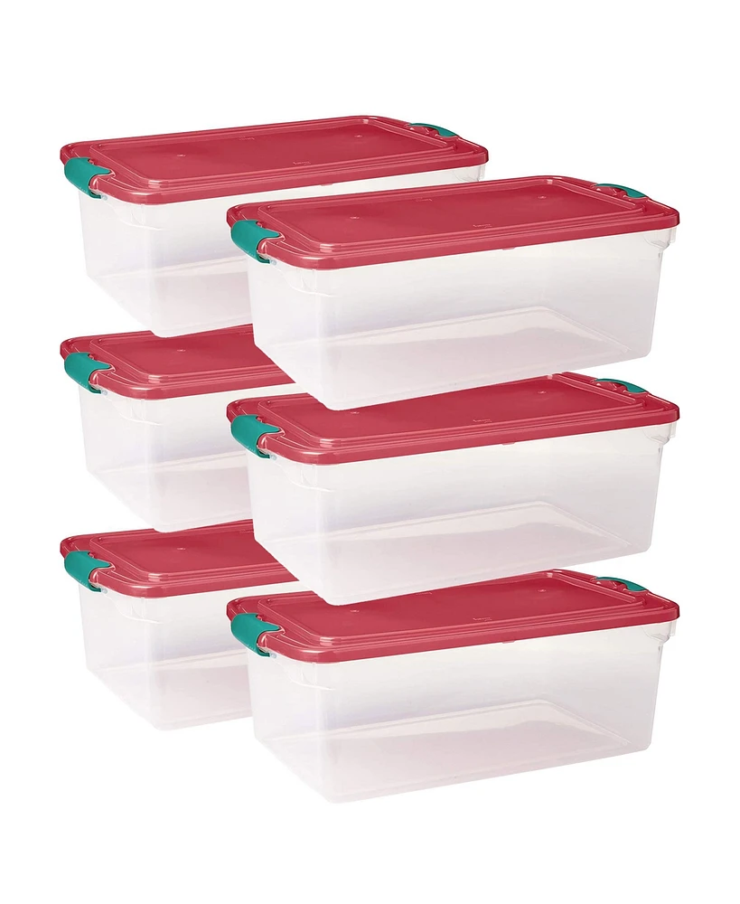 Homz 64 Qt Holiday Seasonal Decor Plastic Storage Bin with Latching Lid, 6 Pack