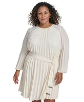 Dkny Plus Size Pleated Tie-Front A-Line Long-Sleeve Dress