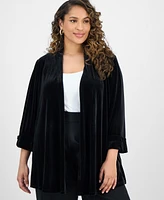 Kasper Plus 3/4-Sleeve Velour Open-Front Cardigan