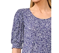 CeCe Women's Floral Shirred Scoop-Neck 3/4-Sleeve Knit Top