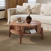 LuxenHome Round Coffee Table with Storage 31.5" Oak Finish Wood Center Accent Tables with Wood Legs
