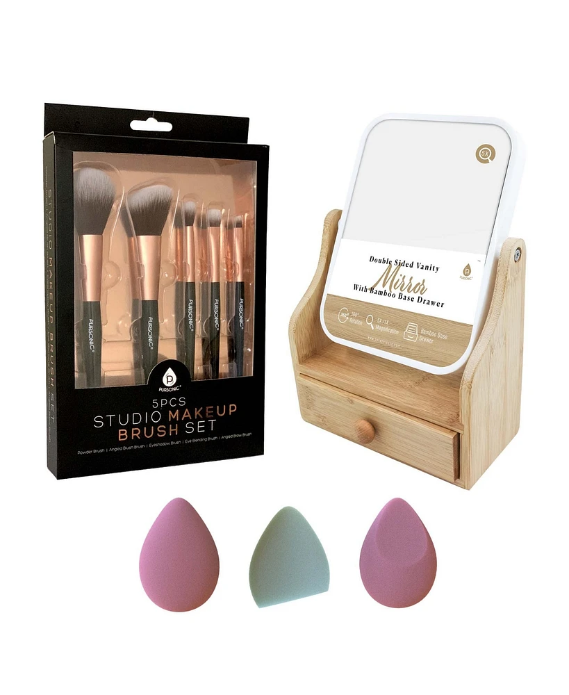 Pursonic Beauty Essentials Set – Studio Makeup Brush Set, Multi-Shape Sponges, and Dual-Sided Vanity Mirror with Base