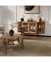 LuxenHome 59" Sideboard Buffet Cabinet with Storage and 2 Glass Door, Open Storage and Wood Legs