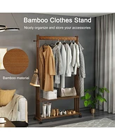 Unho Retro Bamboo Clothes Rack: Brown Garment Organizer Hanging Rack with Wheels