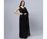 One Minute Saree Women's Anna Black Faux Georgette Sequins Ready to Wear Sari