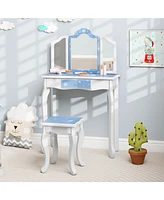 Costway Kids Vanity Set Toddler Makeup Table & Stool with Tri-folding Mirror Drawer Light