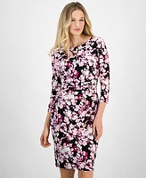 Kasper Women's Floral-Print Side-Twist 3/4-Sleeve Dress